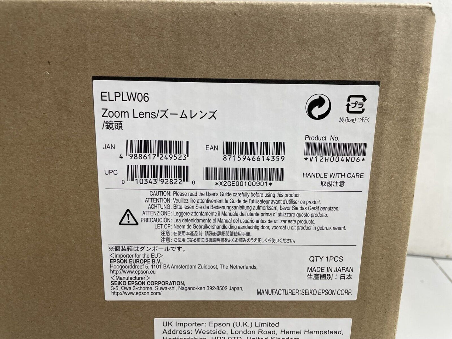 Epson ELPLW06 Wide Angle Short-Throw Projector Zoom Lens V12H004W06 - New In Box