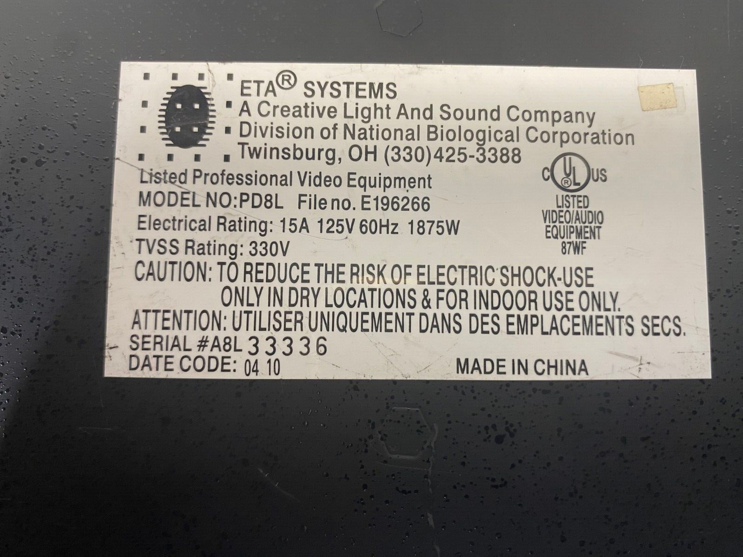 ETA Systems PD8L Rack Illuminator / Conditioned Power Distribution