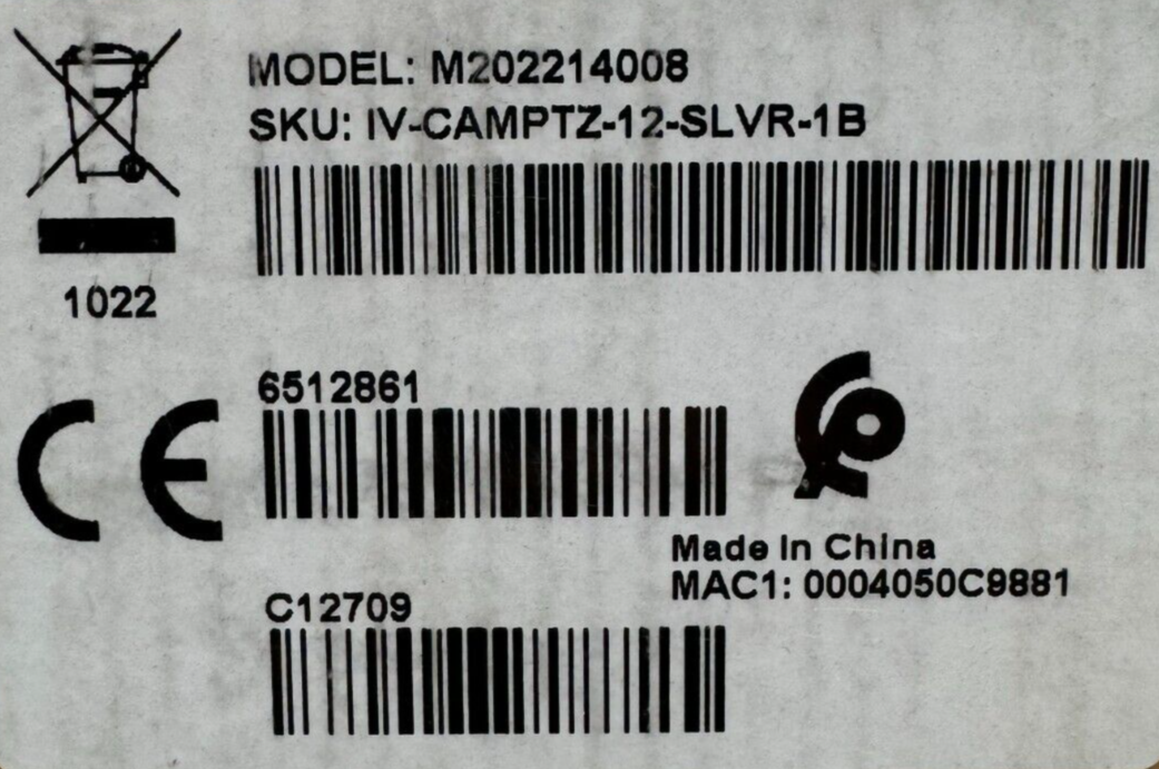 Crestron 1 Beyond 6512861 IV-CAMPTZ-12-SLVR-1B PTZ Camera 12x Optical Zoom