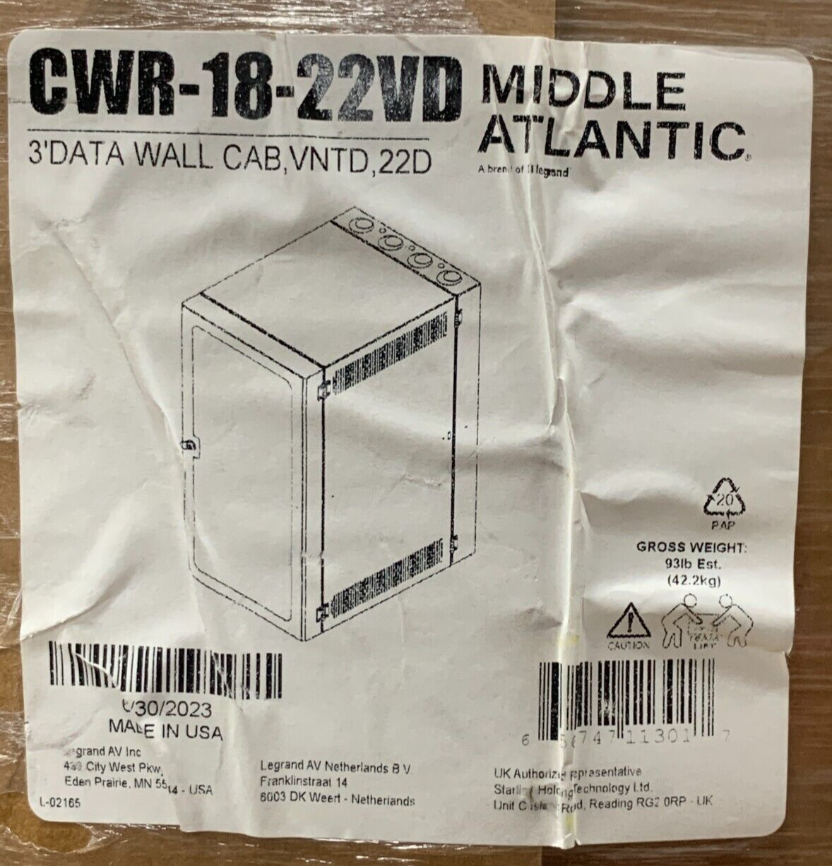Middle Atlantic CWR Series 1822VD Cabling Wall Mount Rack w/ Vented F