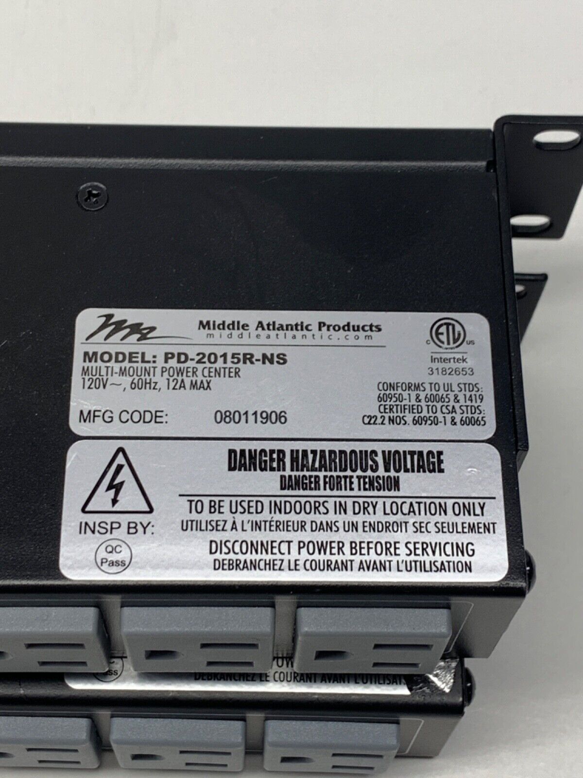 MIDDLE ATLANTIC PRODUCTS PD-2015R-NS Multi-Mount Power Center (PAIR)