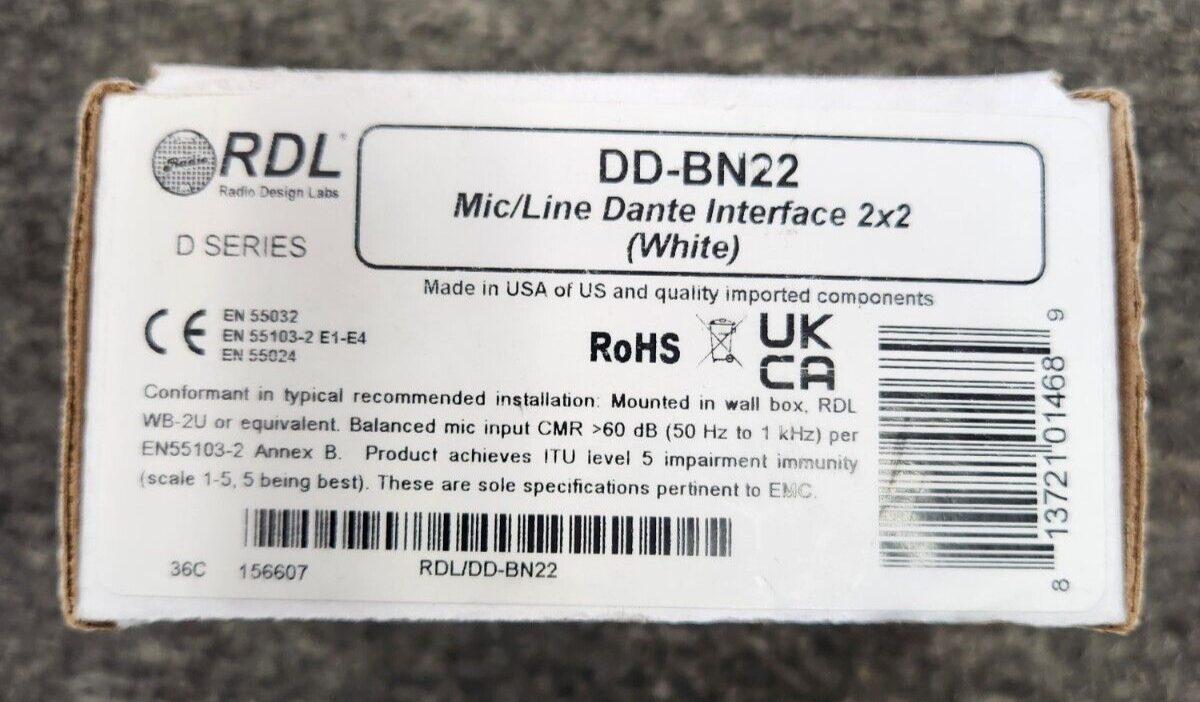 RDL DD-BN22 2 x 2 Wallmounted Bi-Directional Mic/Line Dante Interface  White NEW