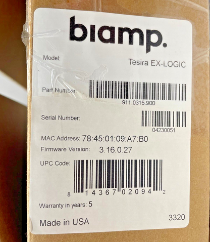 Biamp 911.0315.900 Tesira EX-LOGIC Half-Rack Logic Box