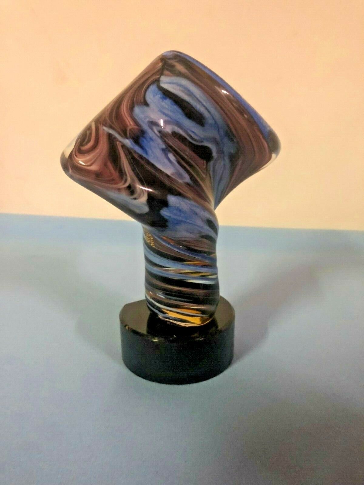 7" Crystal Blue Swirl Art Glass Golden Twist Trophy / Award / New in Box