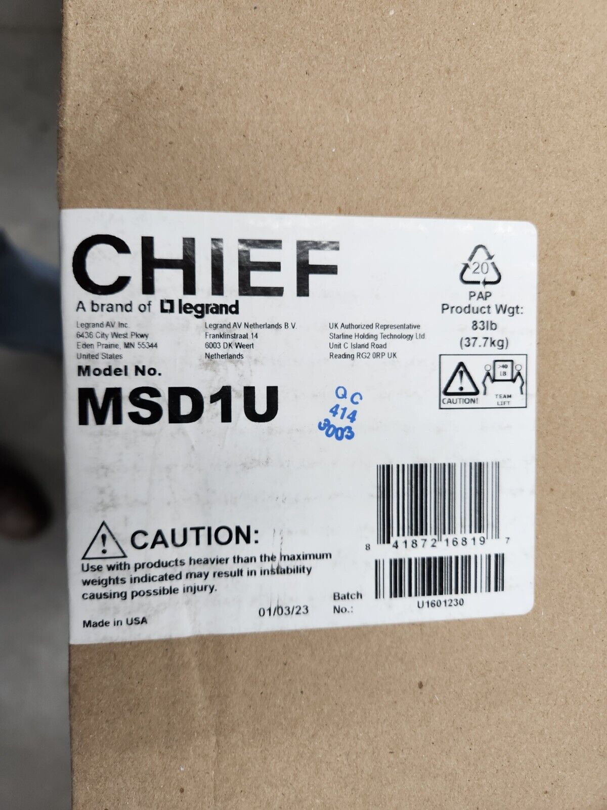 Chief MSD1U Medium FUSION Dynamic Height-Adjustable Wall Mount
