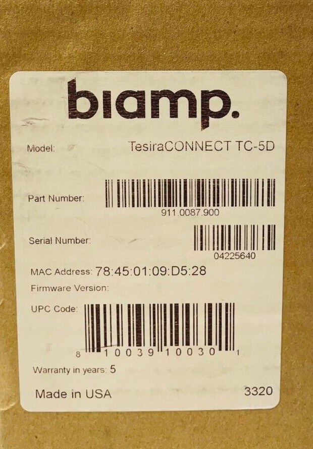 Biamp 911.0087.900 TesiraCONNECT TC-5D Room Connection Device with Dante