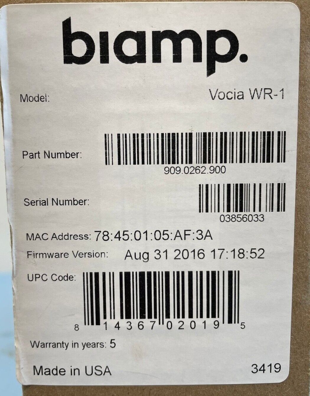 Biamp Vocia WR-1 Networked Wall Remote - 909.0262.900