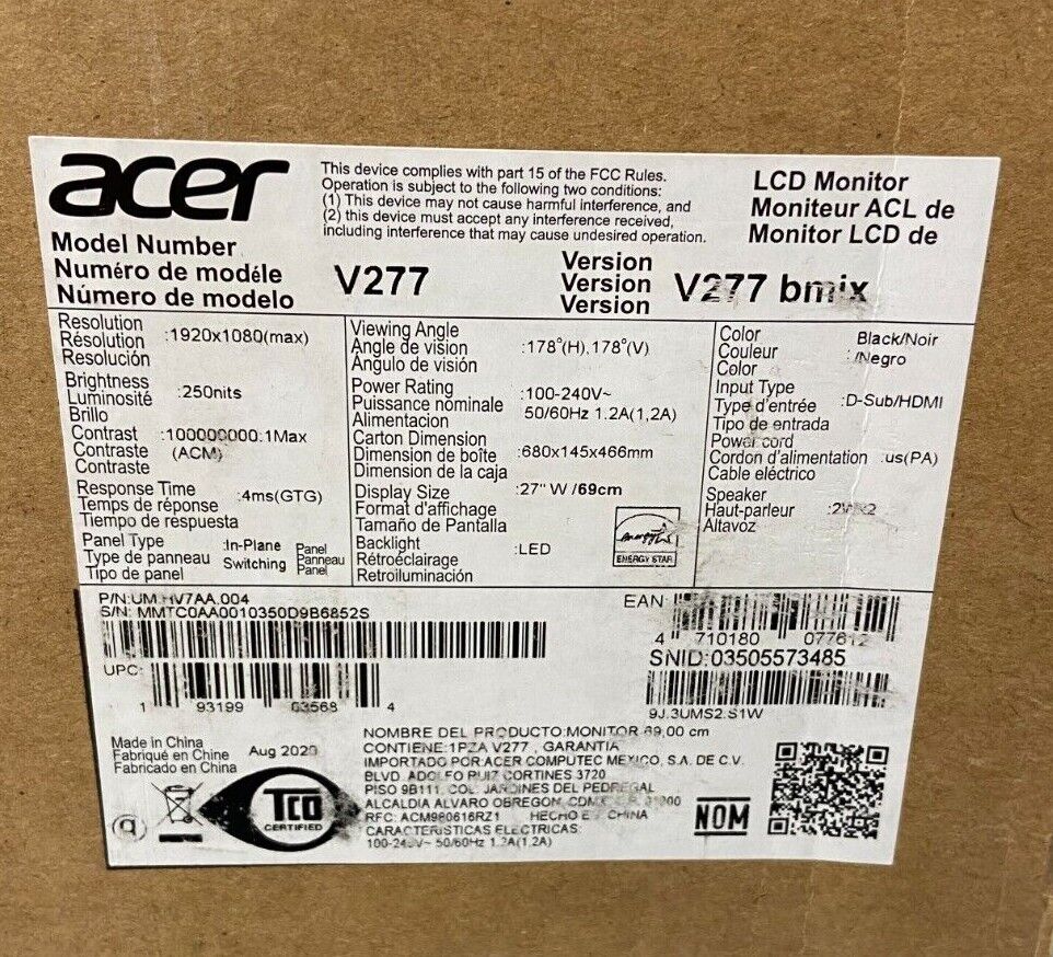 Acer V227 bmix 27" Monitor Full HD 1920 x 1020 @ 75Hz