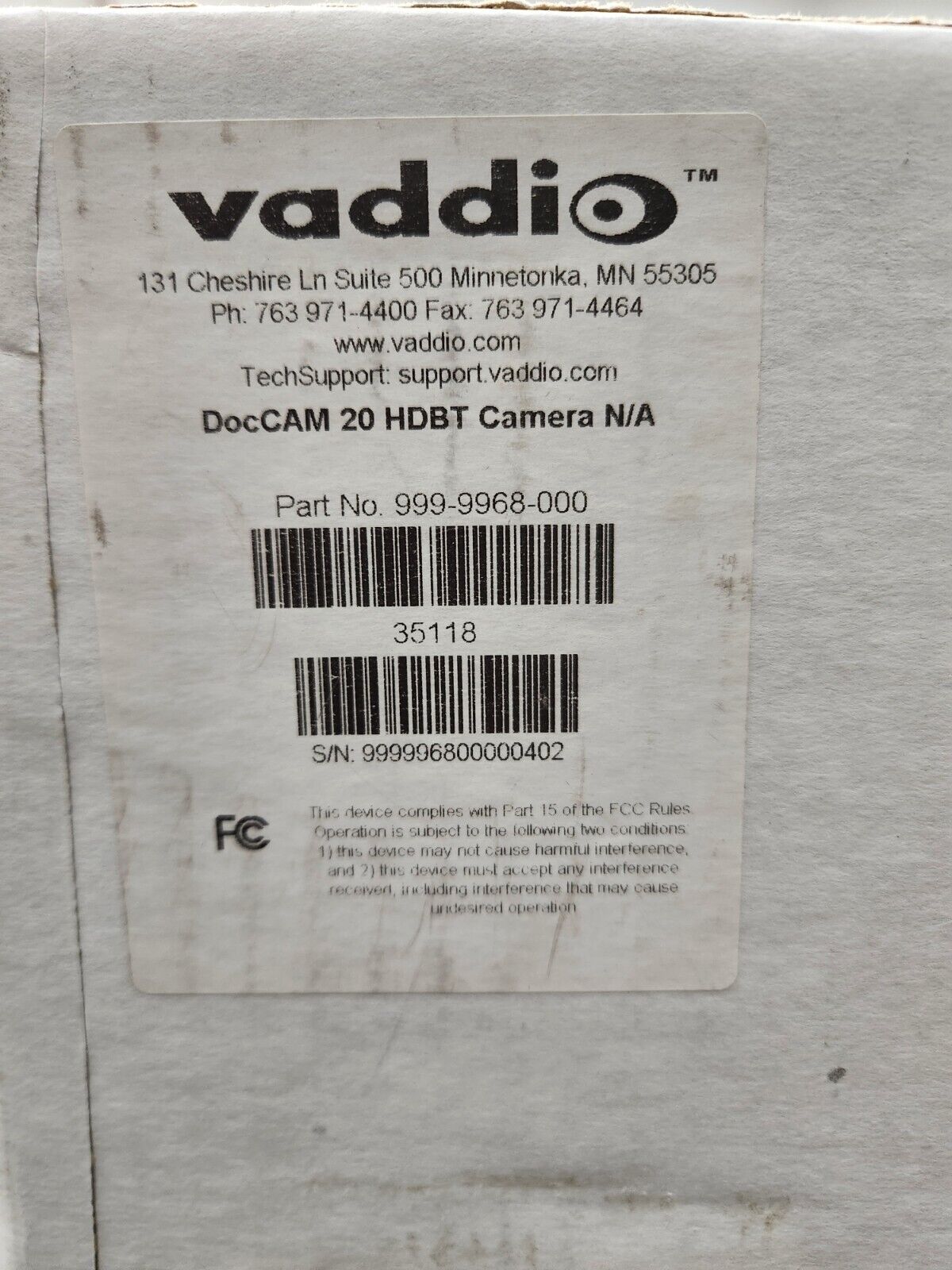 Vaddio DocCAM 20 HDBT Ceiling-Mounted Document Camera 999-9968-000