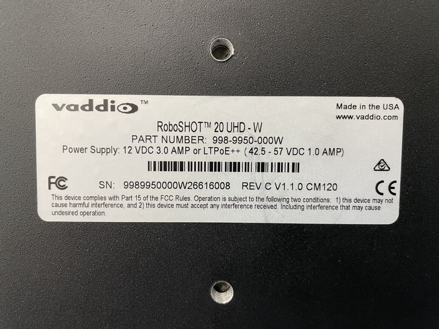 Vaddio RoboSHOT 20 UHD Ultra High Definition 4K PTZ Camera White #998-9950-000