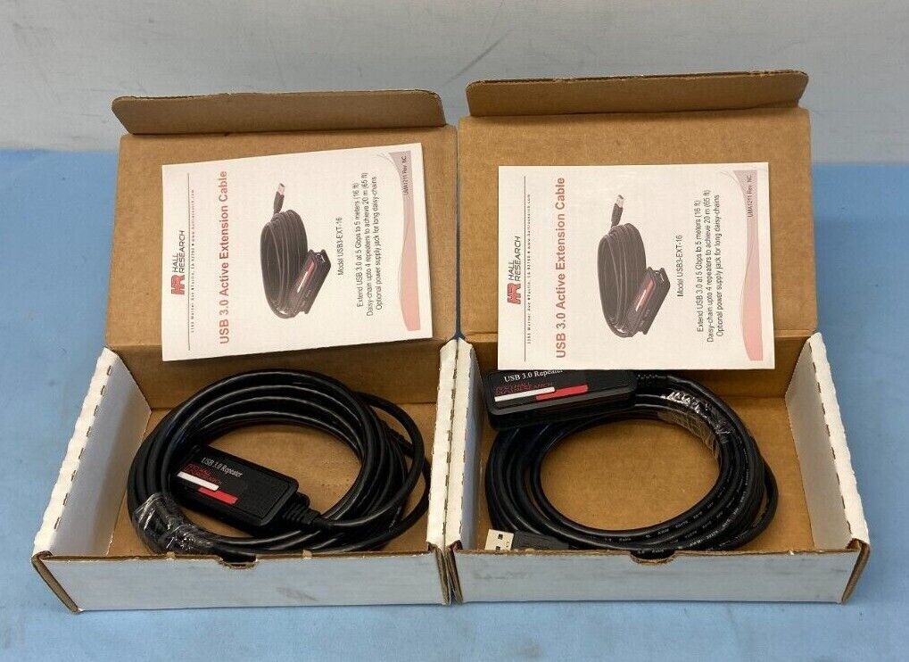 Hall Research USB3-EXT-16 USB 3.0 Active Extension Cable 16 Feet / Lot of 2