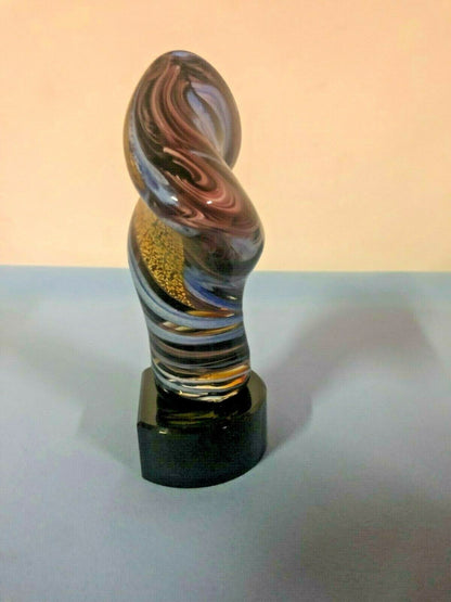 7" Crystal Blue Swirl Art Glass Golden Twist Trophy / Award / New in Box