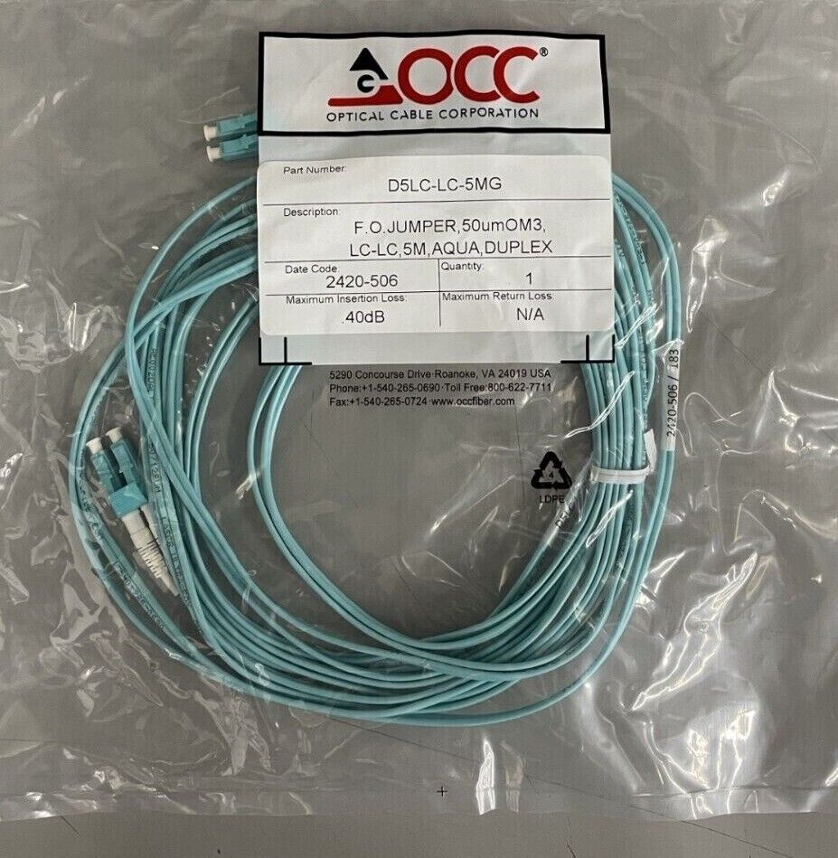 OCC D5LC-LC Fiber Optic Duplex Jumper Cable 50um OM3 Aqua - Various Le ...