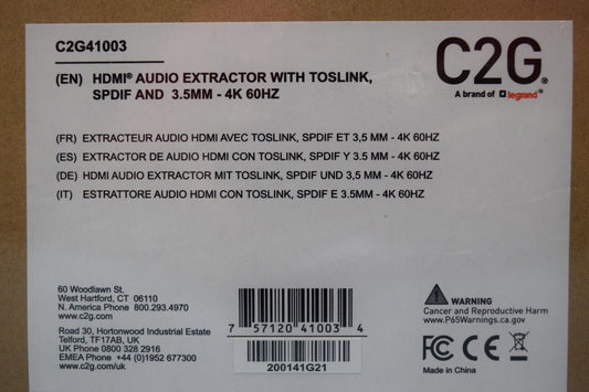 C2G  HDMI Audio Extractor W/ TOSLINK/SPDIF/3.5mm - 4K 60HZ    C2G41003