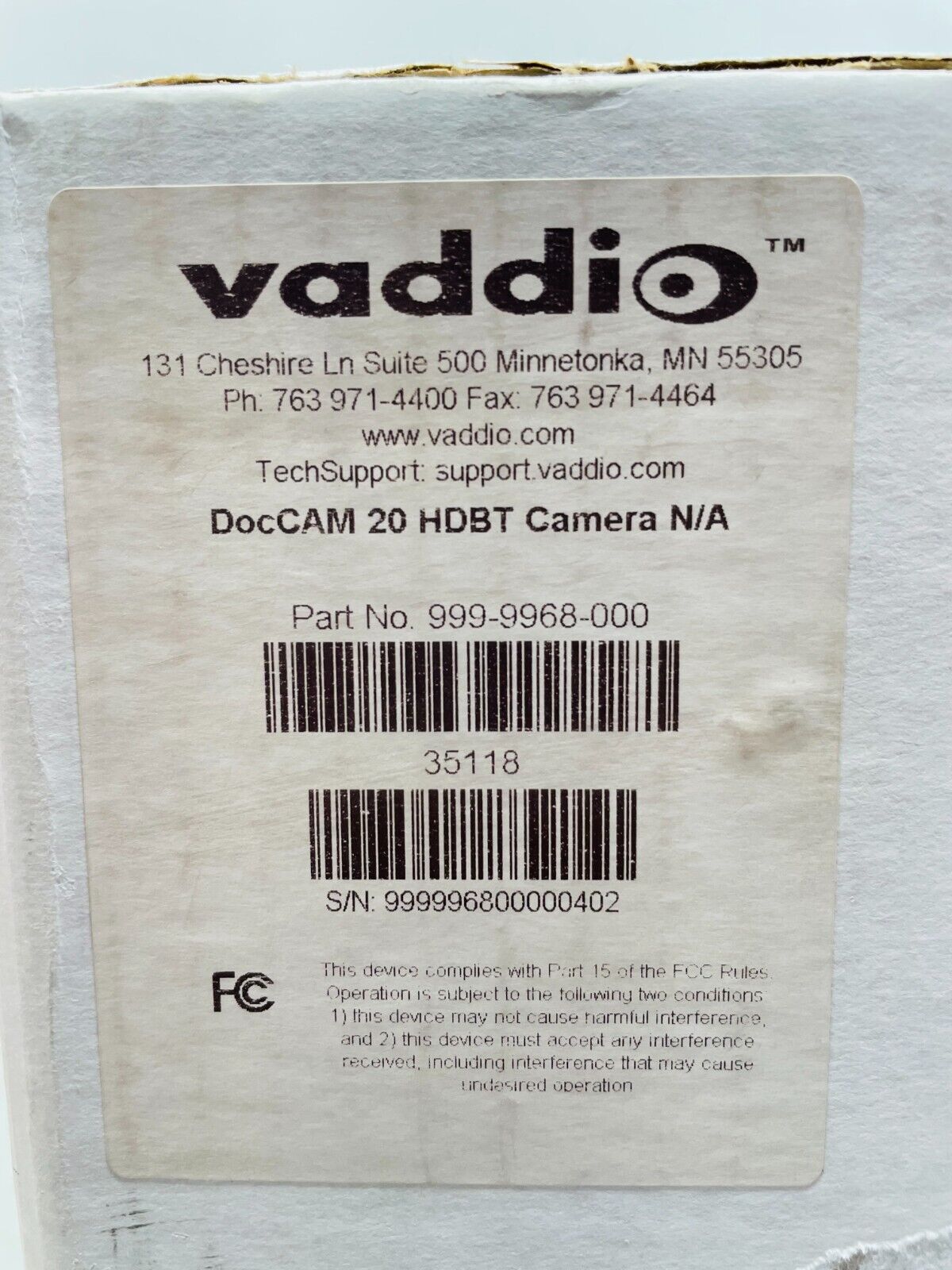 Vaddio DocCAM 20 HDBT Camera Ceiling-Mounted Document 999-9968-000