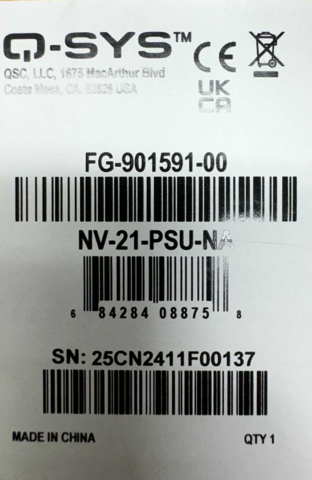 QSC NV-21-PSU-NA Q-SYS External Power Supply for NV-21-HU