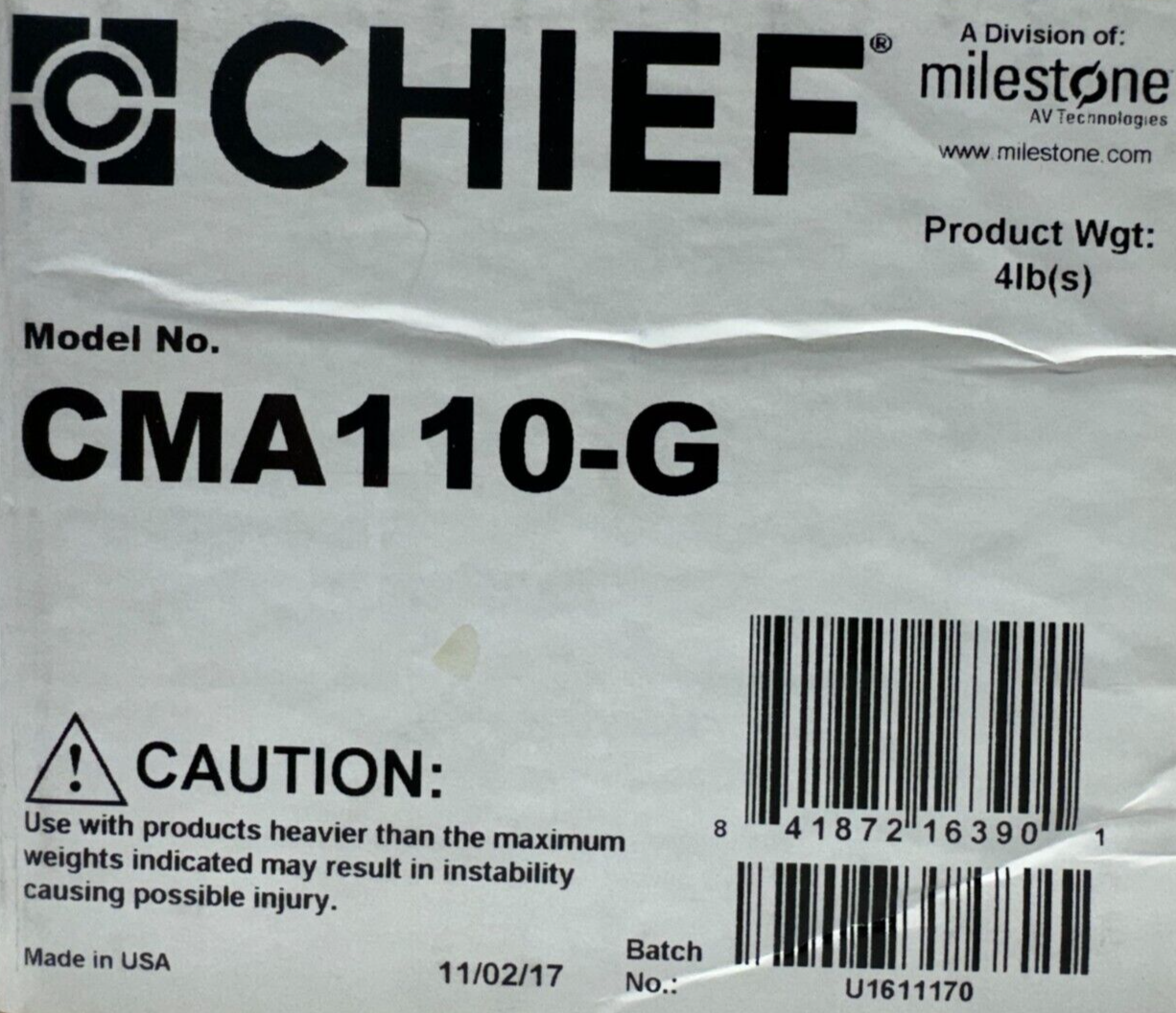 Chief CMA110-G 8 x 8" Ceiling Plate with 1.5" NPT Fitting (TAA Compliant, Black)