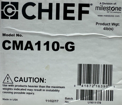 Chief CMA110-G 8 x 8" Ceiling Plate with 1.5" NPT Fitting (TAA Compliant, Black)