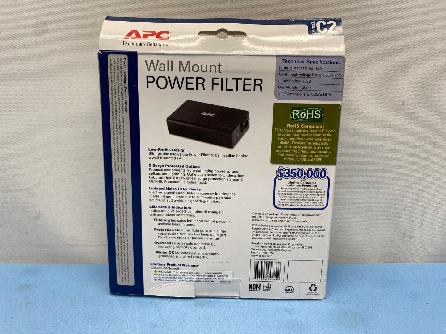 APC C2 Wall Mount Power Filter (871-3605A) 2-Outlet C-Type A/V