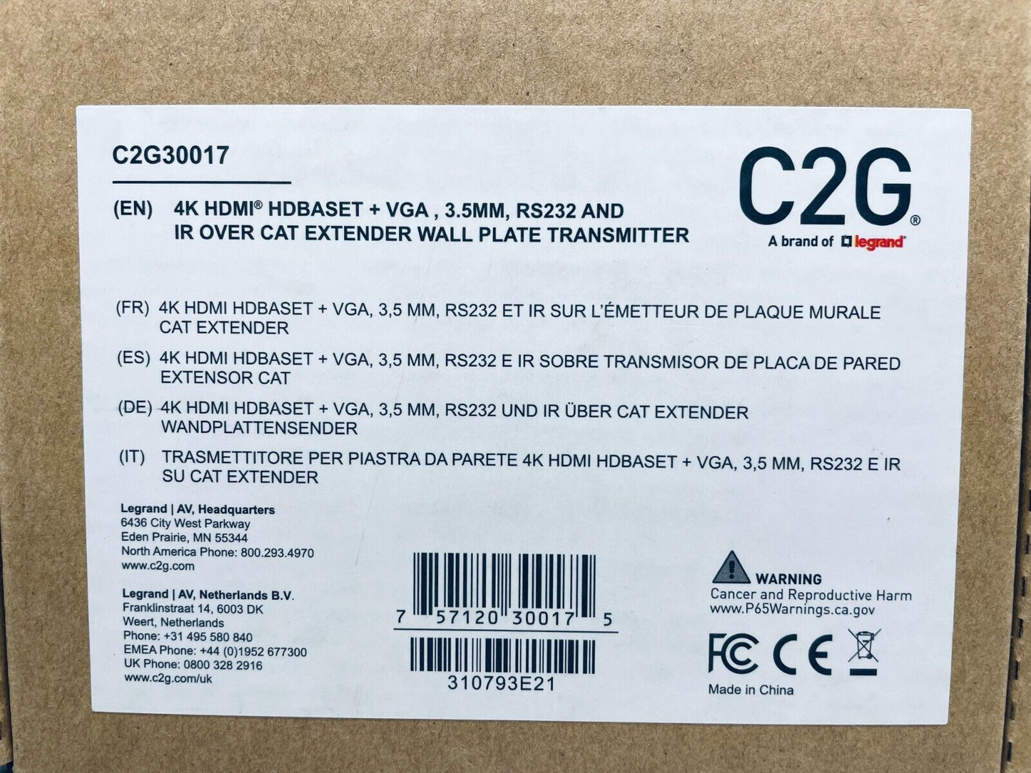 C2G C2G30017 4K HDMI + VGA Extender Dual Gang Wall Plate Transmitter