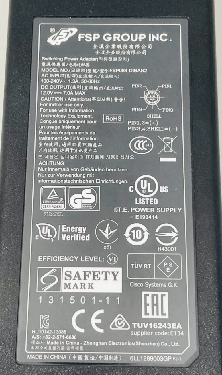 FSP FSP084-DIBAN2 Switching Power Adapter 12.0V, 7.0A, 9NA0840502