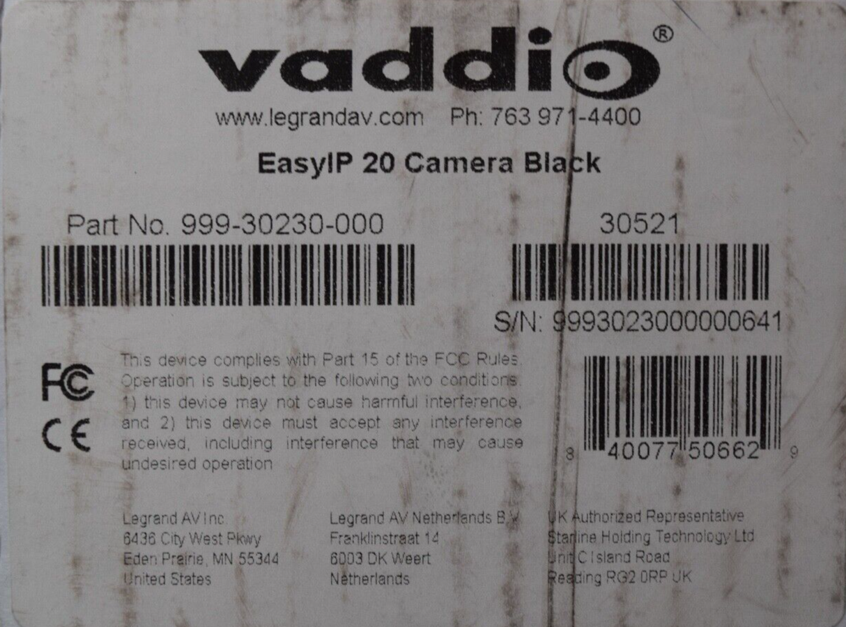 Vaddio 999-30230-000 EasyIP 20 Camera Black