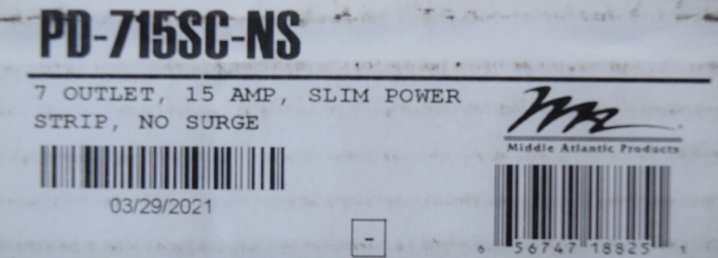 MIDDLE ATLANTIC PD-715SC-NS 7 OUTLET SLIM POWER STRIP  15A