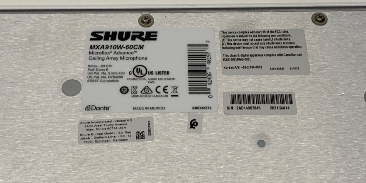 SHURE MXA910W-60CM / 24" Microflex Advance Ceiling Array Microphone - Dante