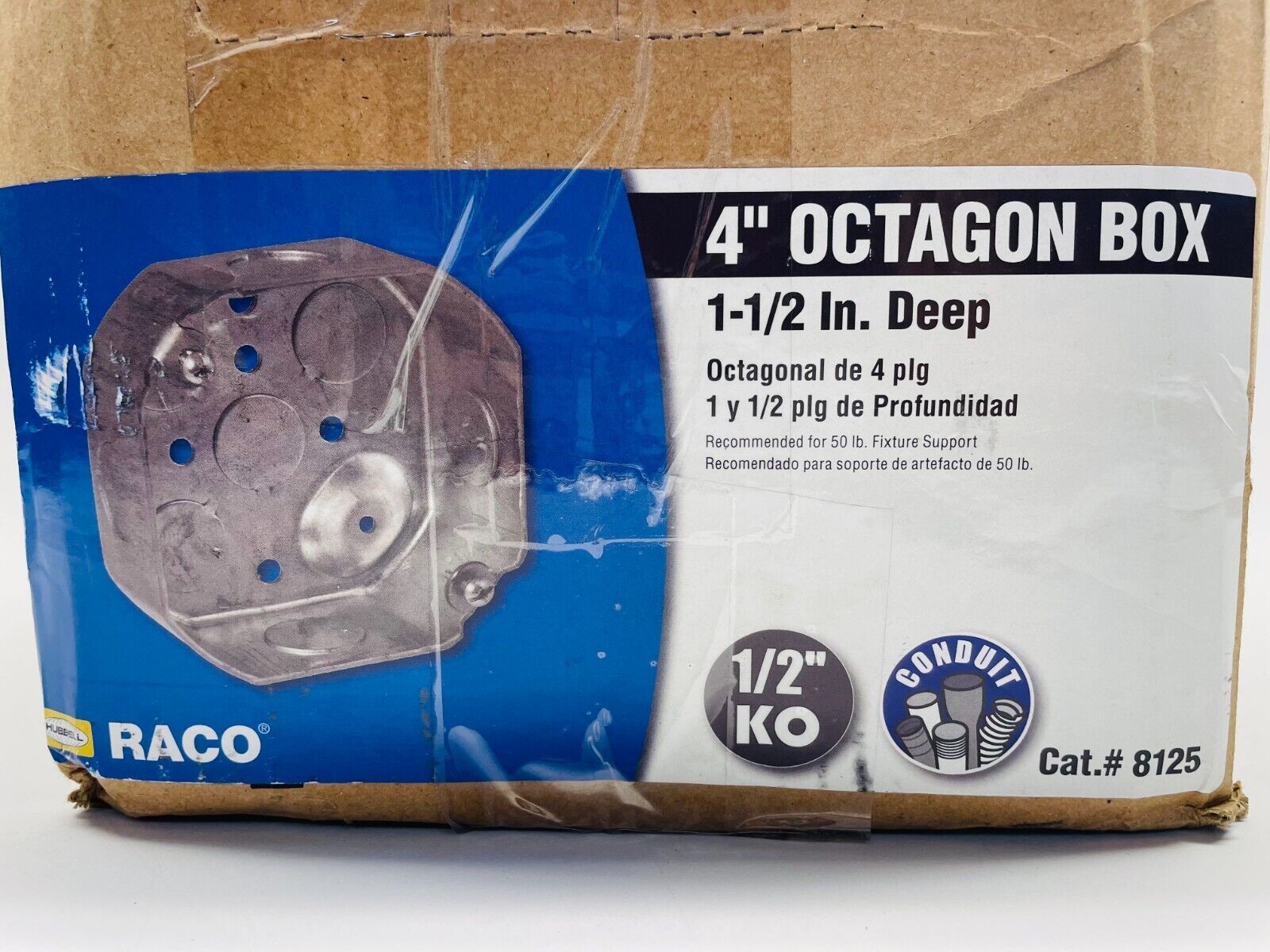 Hubbell RACO #8125 4 in Octagon Box, Drawn, 1-1/2 in Deep, Nine 1/2 in ...