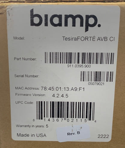 Biamp Tesira Forte AVB CI Digital Audio Signal Processor (911.0395.900)