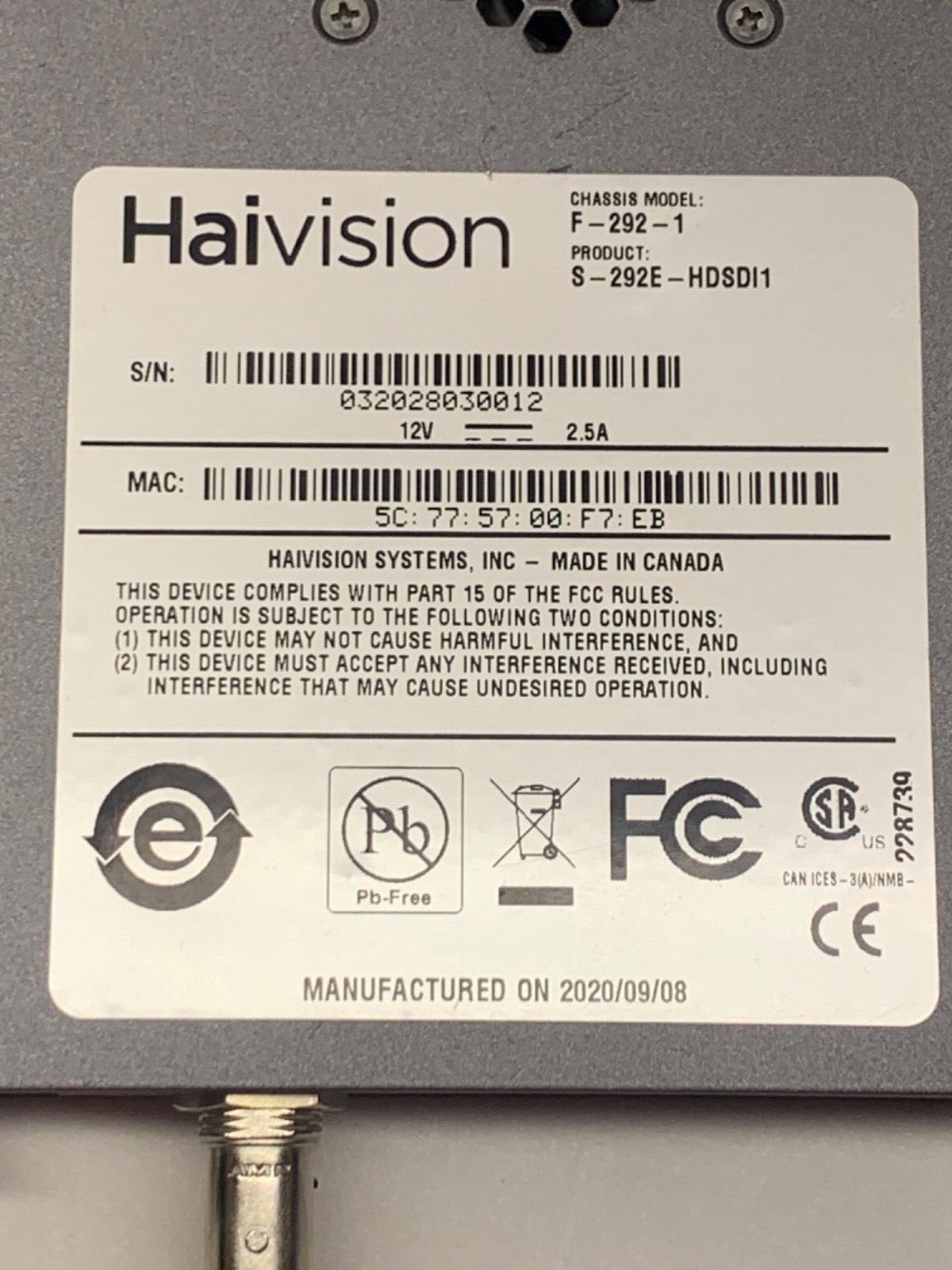 HAIVISION S-292E-HDSDI1 Makito X Single SDI Encoder Appliance