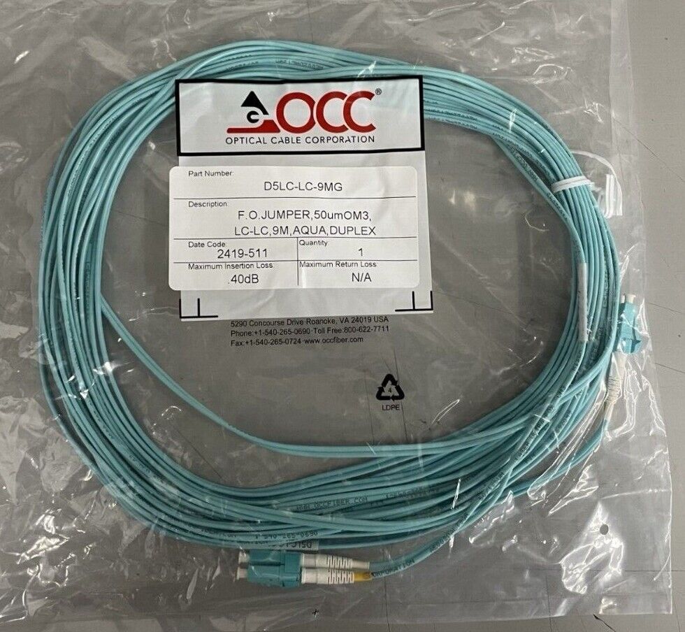 OCC D5LC-LC Fiber Optic Duplex Jumper Cable 50um OM3 Aqua - Various Lengths! NEW