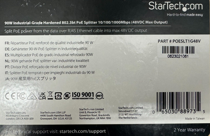 StarTech POESLT1G48V 90W Industrial-Grade Hardened 802.3bt PoE Splitter