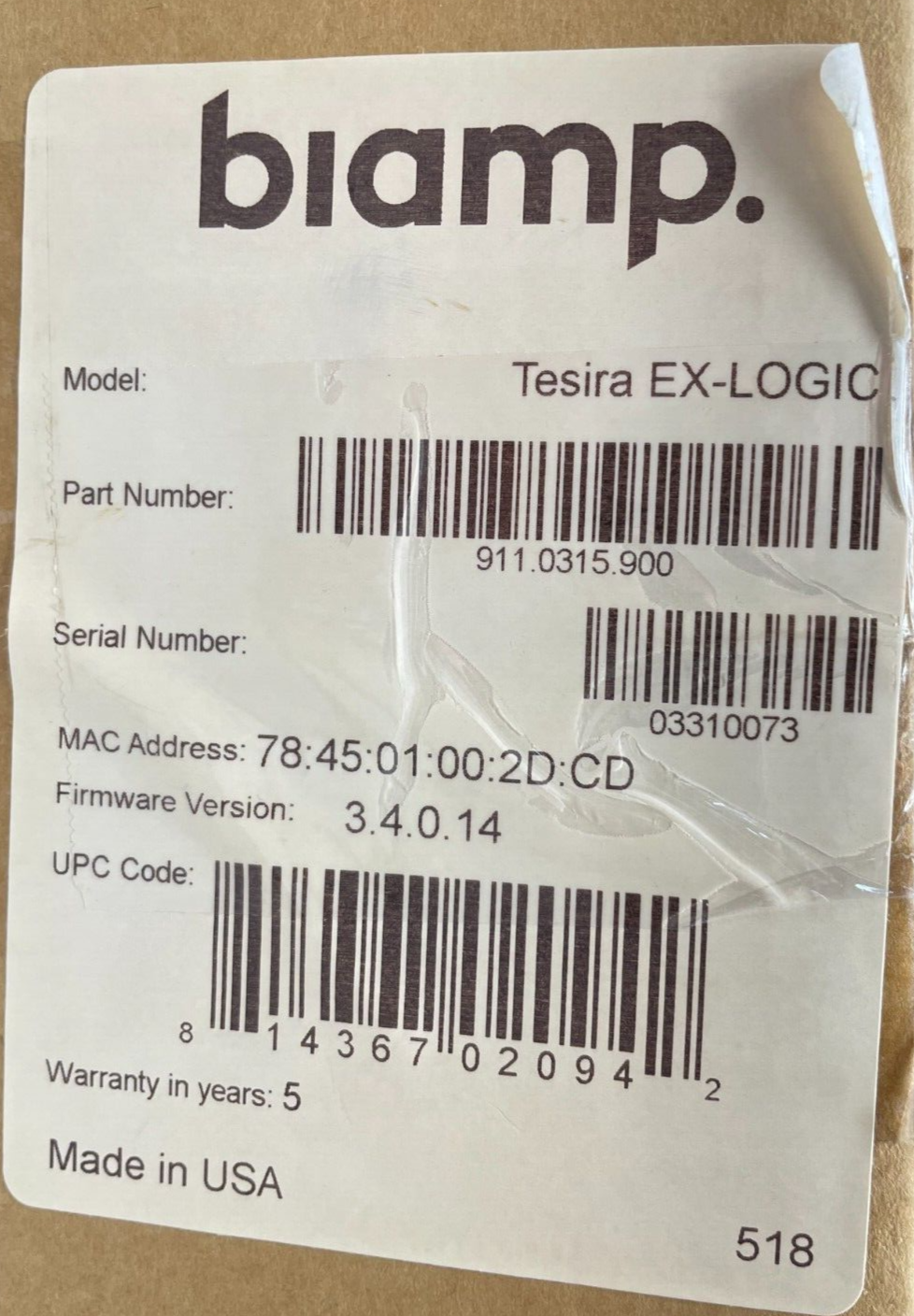 Biamp Tesira EX-LOGIC Controller Half-Rack Logic Box 911.0315.900