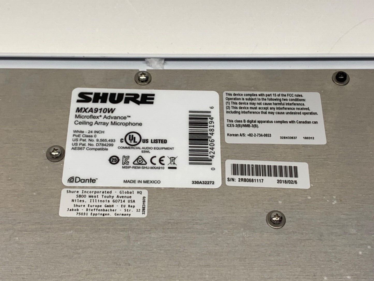 SHURE MXA910W - 24" Microflex Advance MXA910 Ceiling Array Microphone - Dante