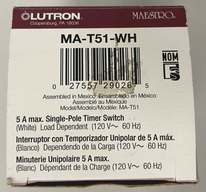 Lutron Maestro MA-T51-WH Single Pole Timer Switch