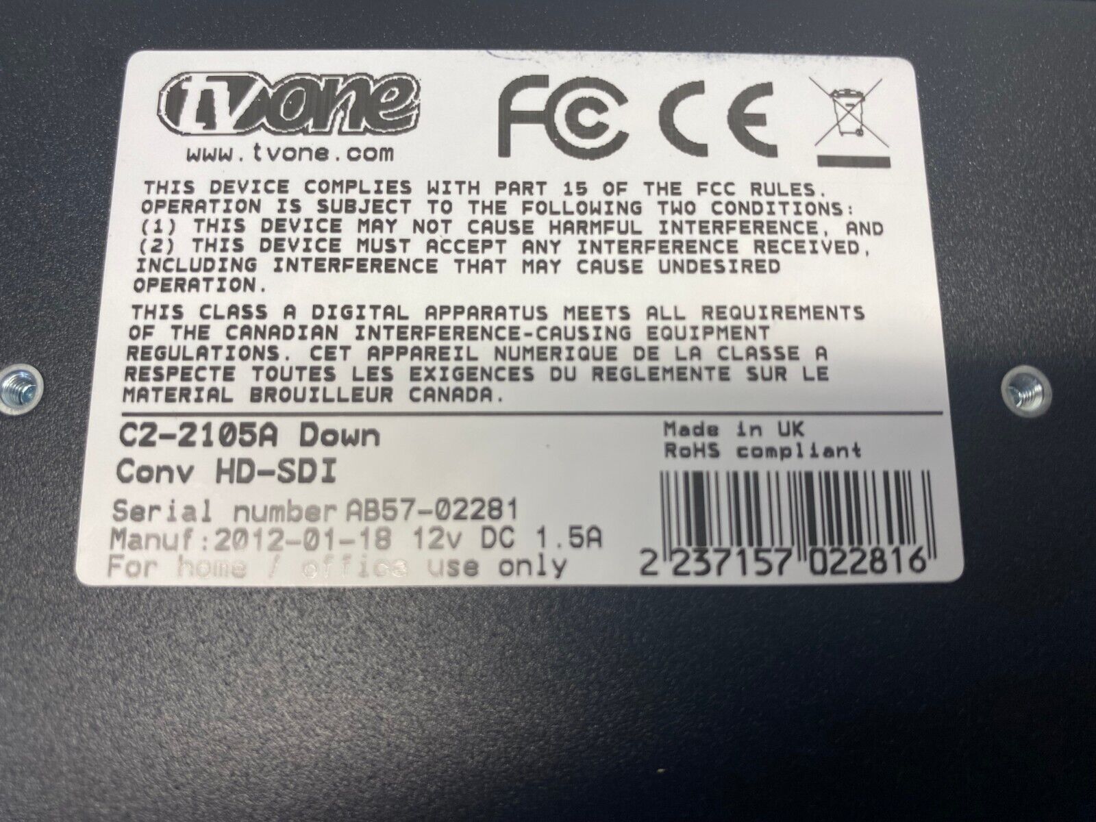 TVOne C2-2105 Down Converter HD-SDI (Corio2 Powered) w/Power – LPAV