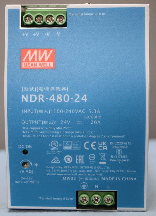MEAN WELL MW NDR-480-24 Power Supply   Input 100-240VAC 5.3A    Output 24V 20A