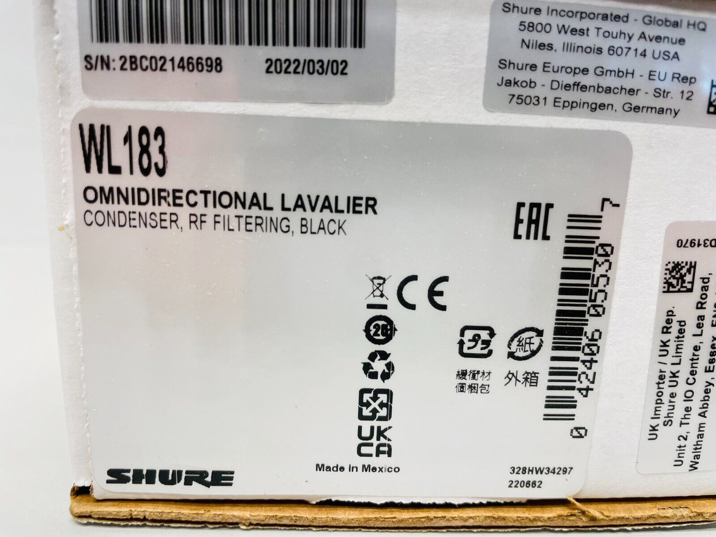 Shure WL183 Omnidirectional Lavalier, Condenser, RF Filtering, Black