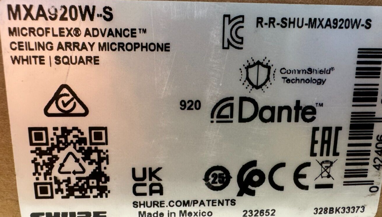 Shure MXA920W-S Microflex Advance Square Ceiling Microphone Array (Whi ...