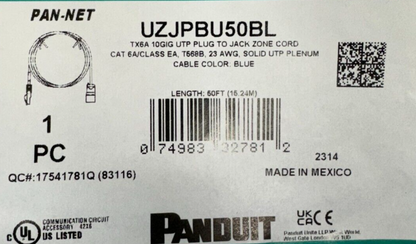 Panduit UZJPBU50BL Plenum U/UTP Cable Assembly, Cat 6A/Class EA 23 AWG LOT OF 3