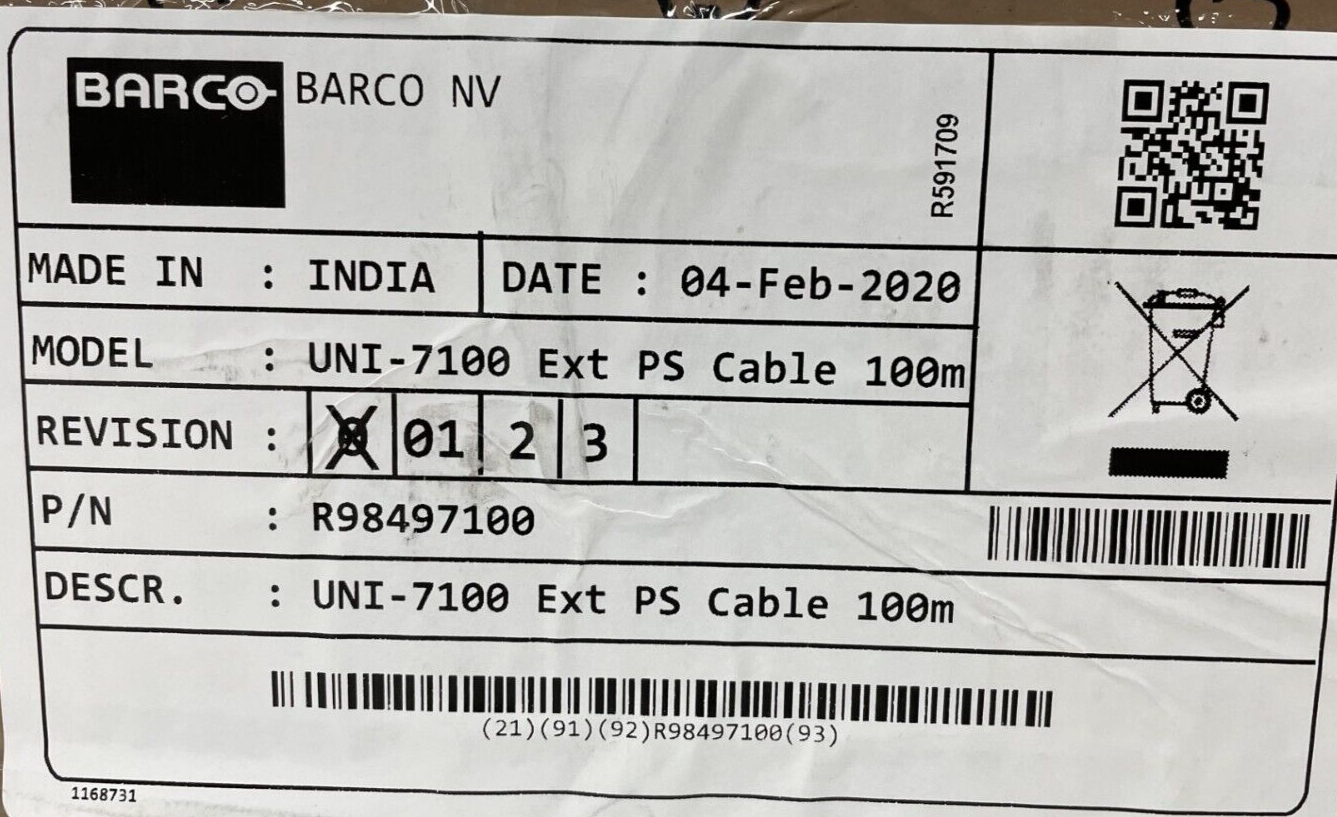 Barco UNI-7100 External Power Supply PS Cable R98497100 - 100 Meter / 328' - NEW