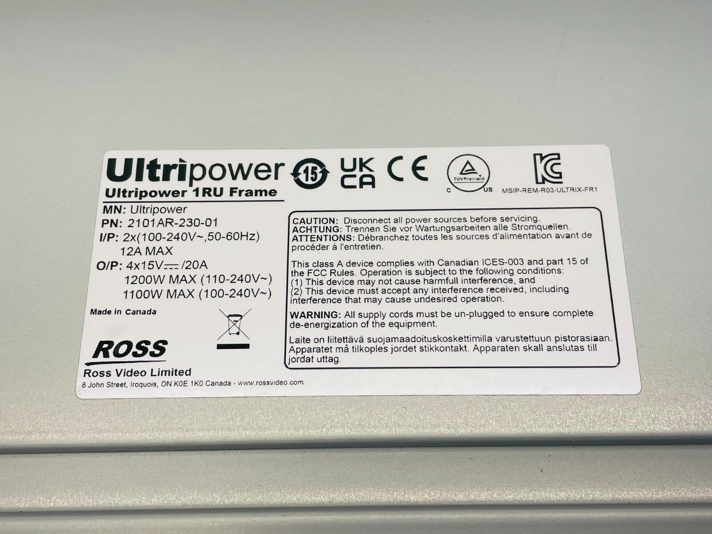 Ross Video Ultripower-PS 1RU Rack Mount Power Supply 2101AR-230-01