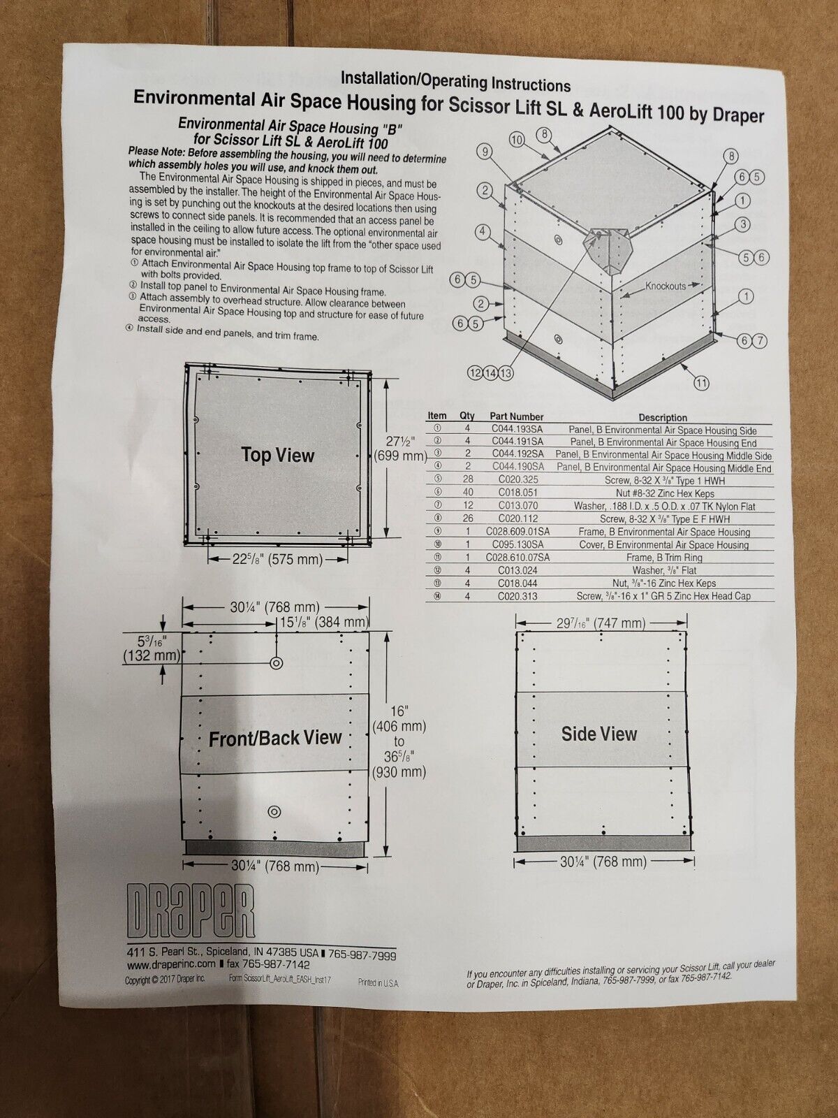 Draper (SL) Environmental Airspace Housing Lift Accessory White 300282 Open Box