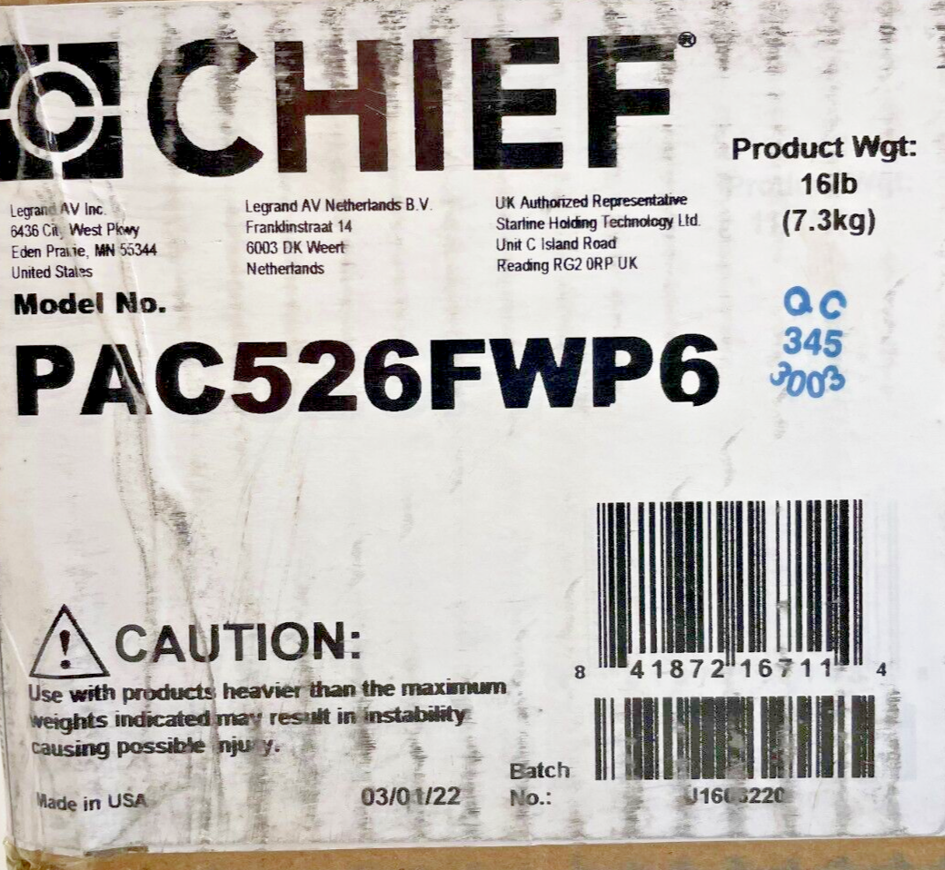 Chief PAC526FWP6 In-Wall Storage Box with 6-Receptacle Filter & Surge Protector