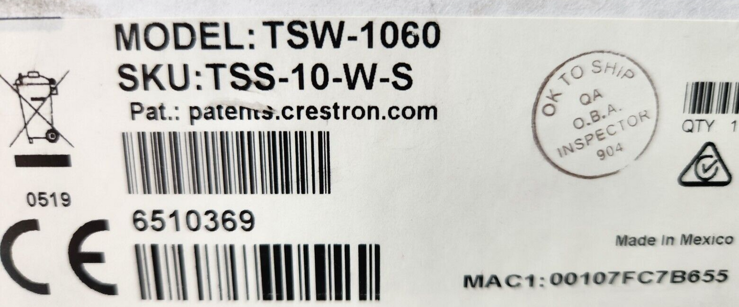 Crestron TSS-10-W-S  10" In-Room Scheduling Touch Screen White (6510369)