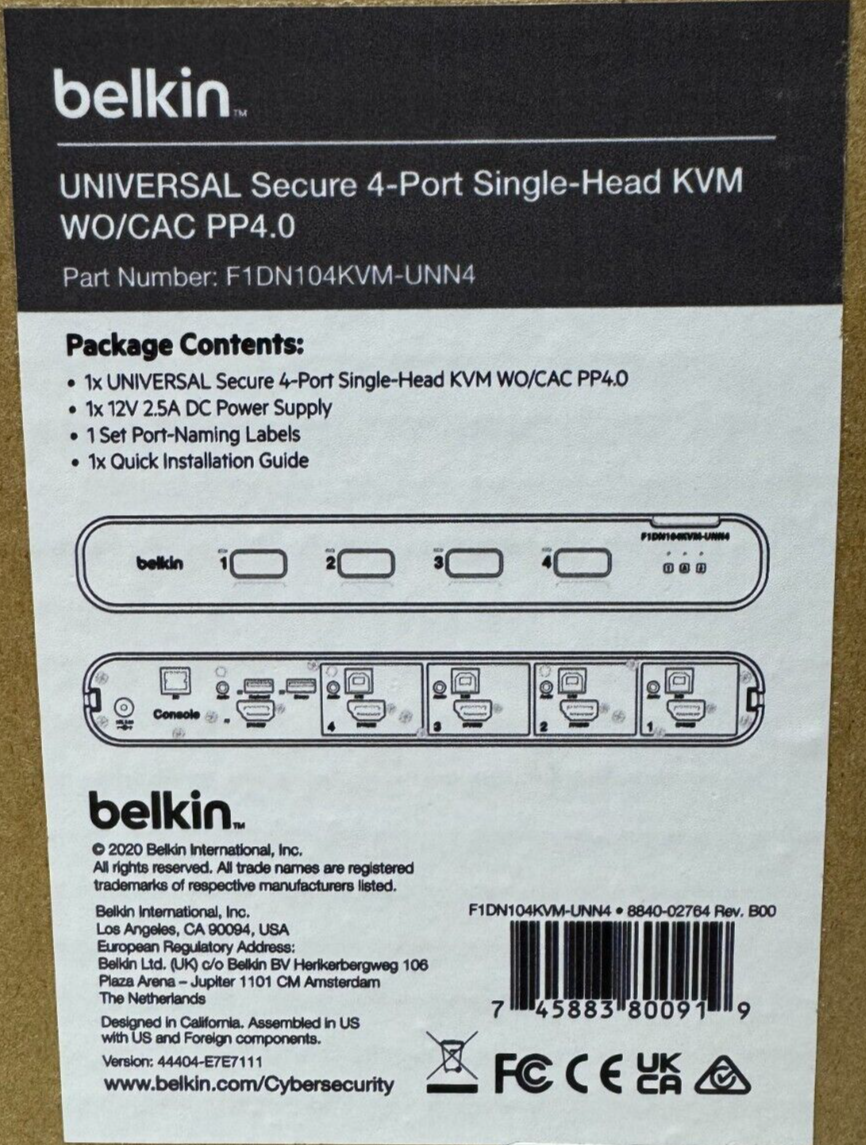 belkin F1DN104KVM-UNN4 UNIVERSAL Secure 4-Port Single-Head KVM WO/CAC PP4.0 NEW