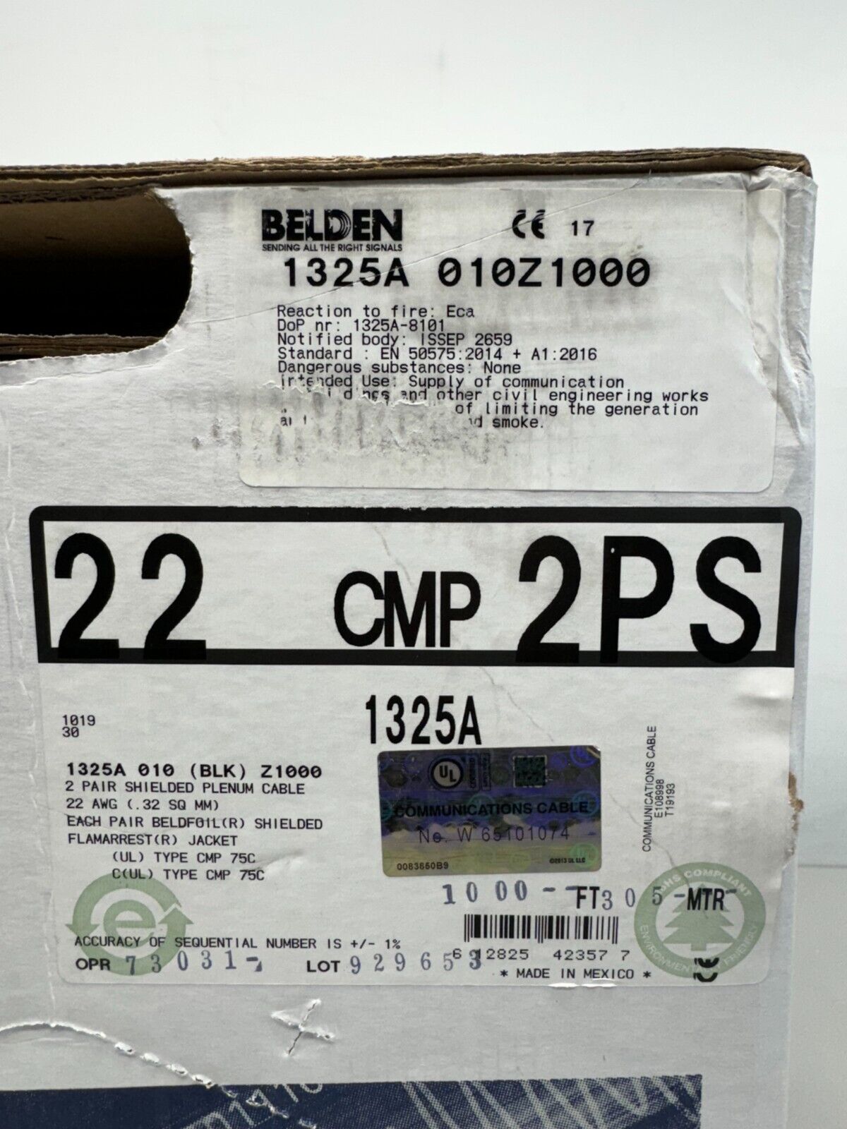 Belden 1325A 22/2P Twist Pair Individual Shields Plenum Cable CMP Black /50ft