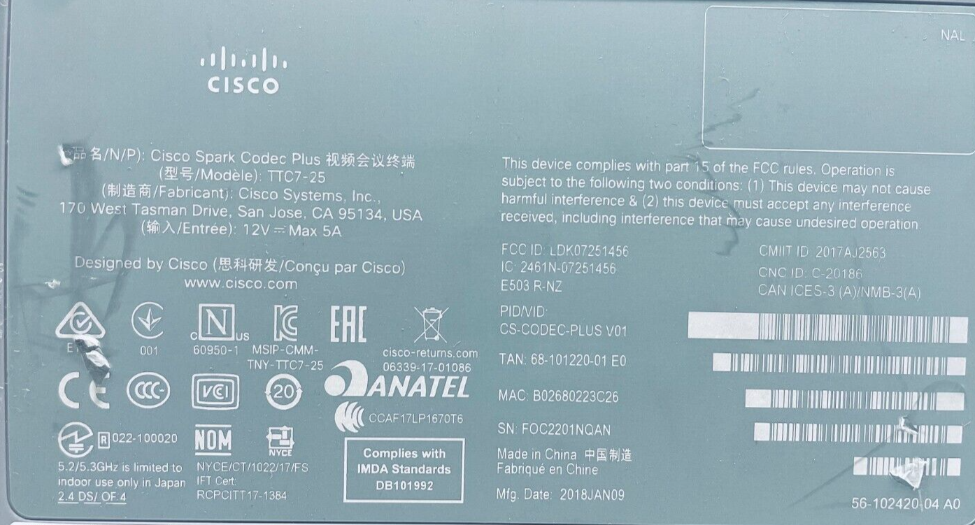 Cisco Spark Codec Plus TTC7-25 CS-CODEC-PLUS V01 for Cisco Conferencing Systems