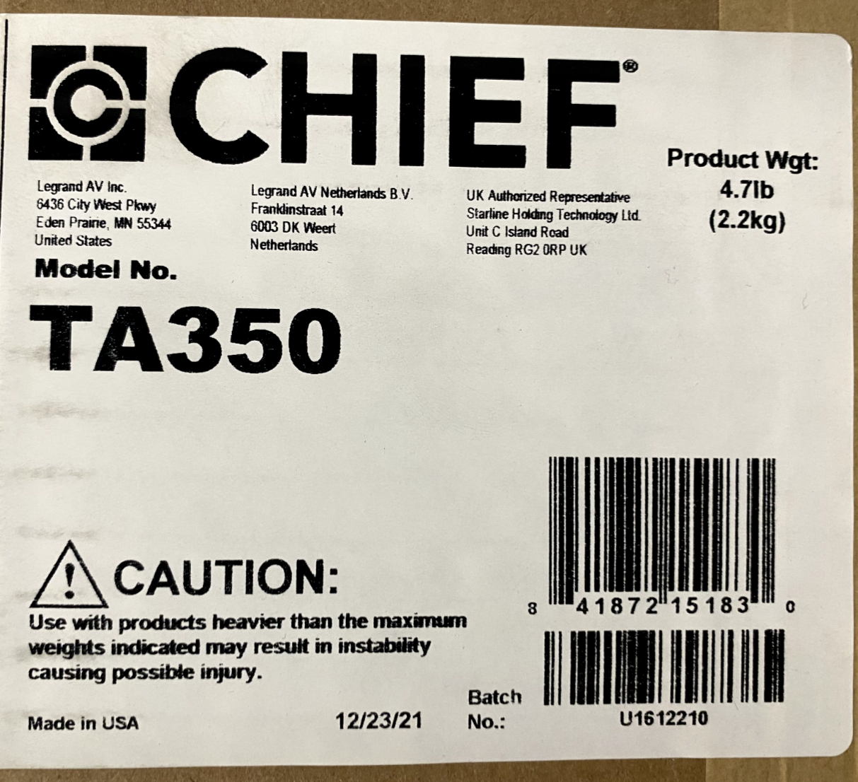 Chief TA350 THINSTALL Center Channel Speaker Adapter